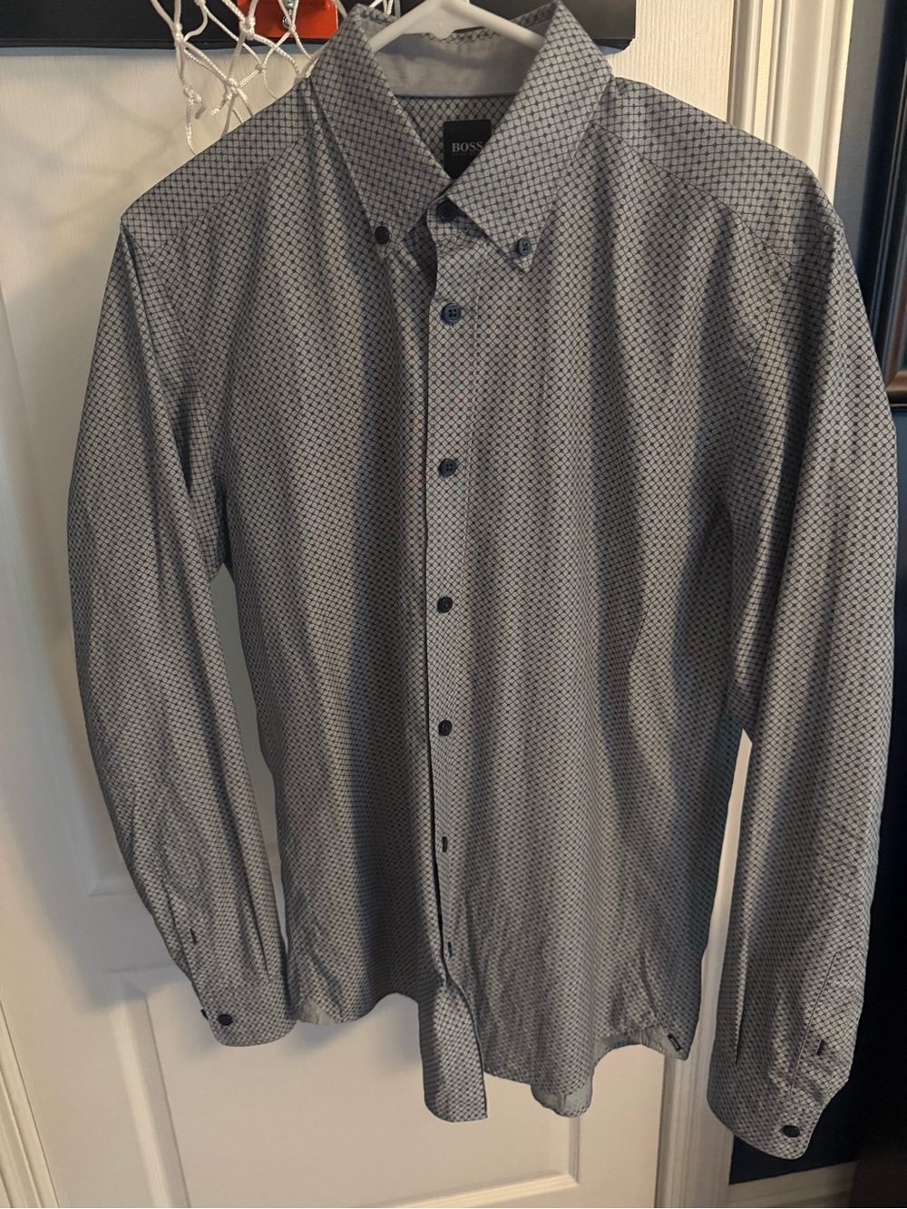 BOSS Men's Grey Micro-Pattern Button-Down Dress Shirt